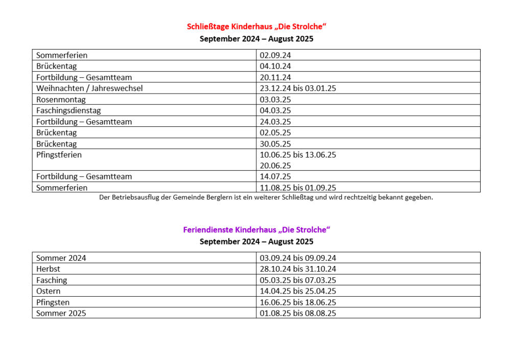 Schließtage 2024-2025 Kinderhaus Die Strolche