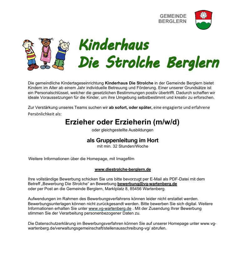 Erzieher*in gesucht Kinderhaus Die Strolche - Berglern Hort